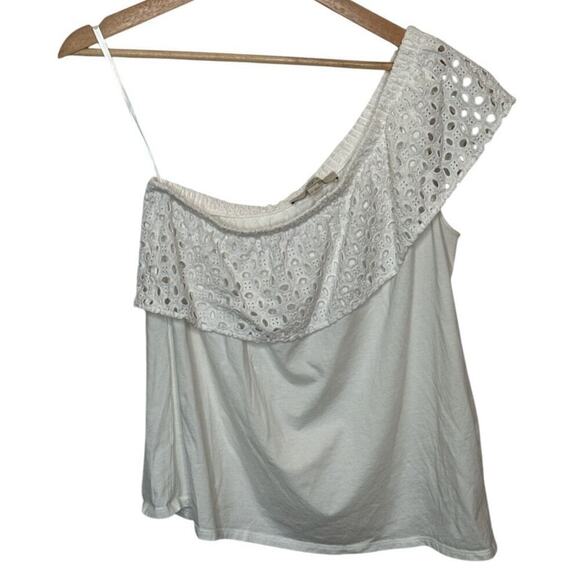 Ann Taylor LOFT White Cotton Eyelet One Shoulder Top Size M - Picture 3 of 6